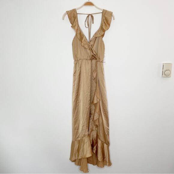Show Me Your Mumu Samantha Ruffle Wrap Dress True Gold Luxe Satin Small - Picture 3 of 12